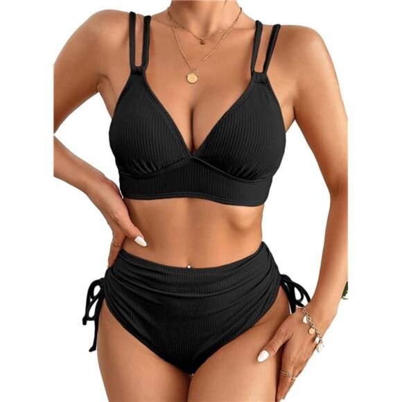 Women's High Waisted Bikini Set V Neck Ruched Tummy Control